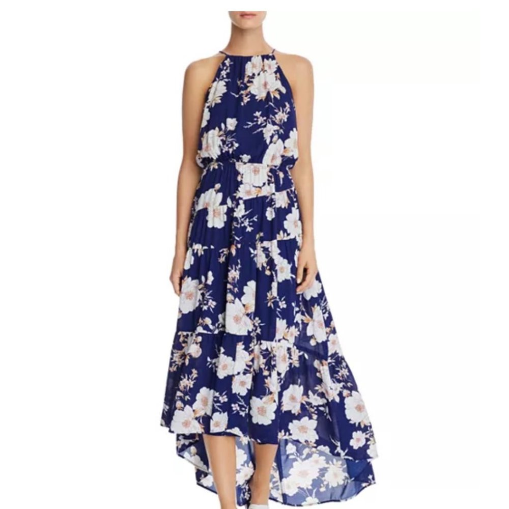 Bloomingdales Aqua Tiered Floral High/Low Maxi Dress - Size Large
